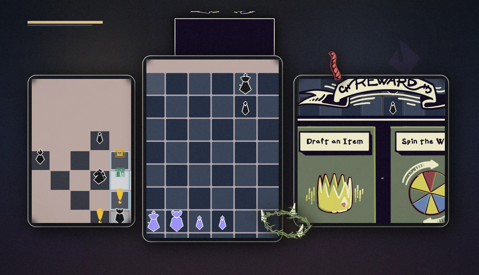 Composite image showing route planning, board combat, and reward selection in Piecebreaker